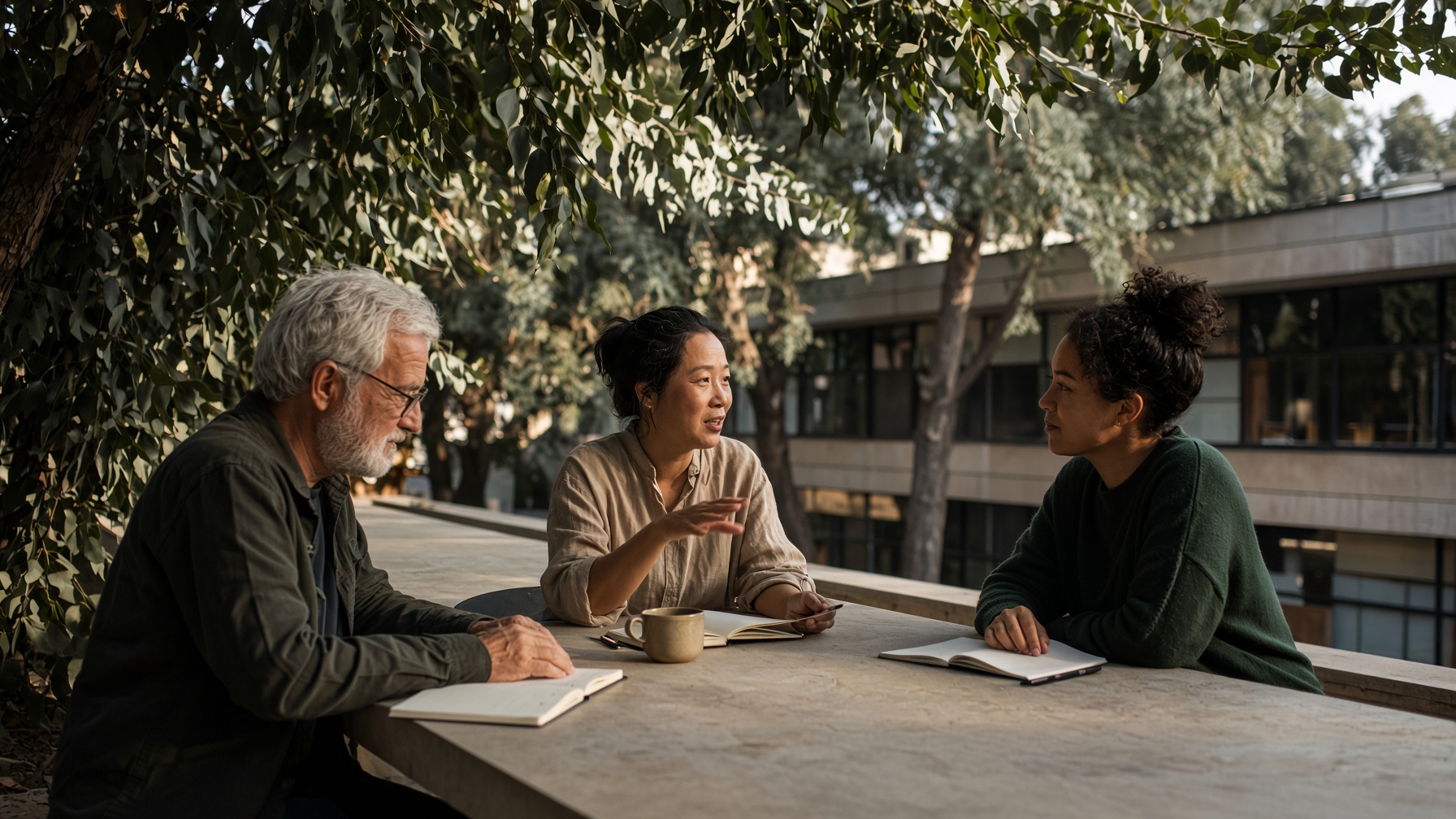 Scholars in conversation at an outdoor table under eucalyptus
