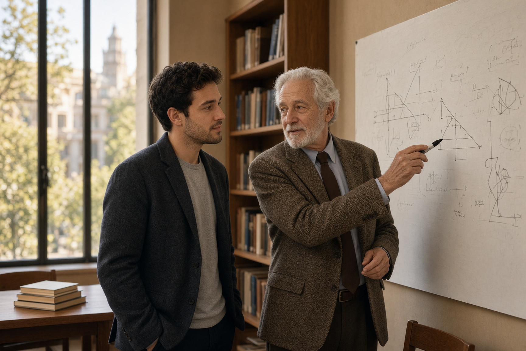 A professor and a younger scholar beside a whiteboard in a library alcove