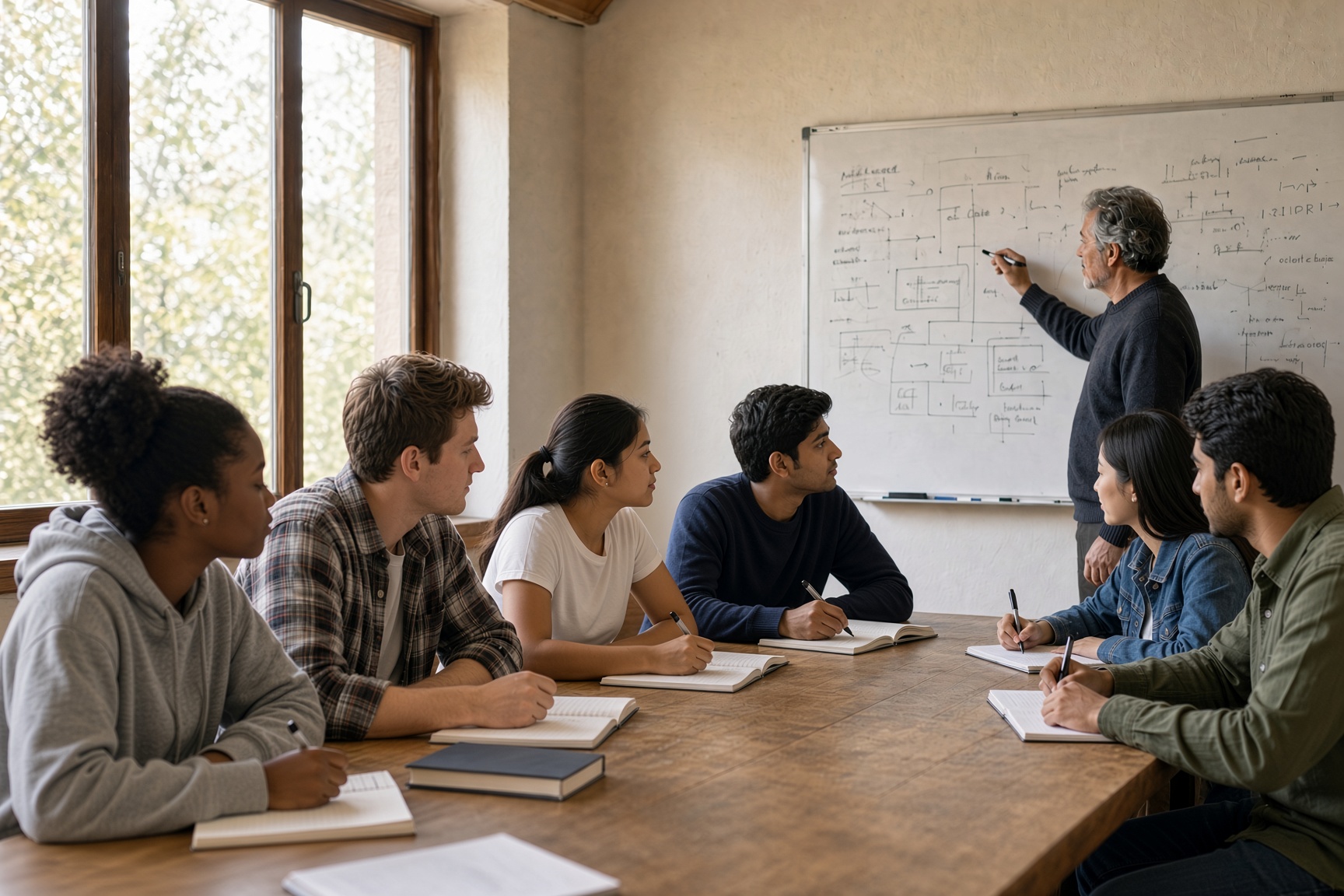 College students facing a professor who is teaching at the whiteboard