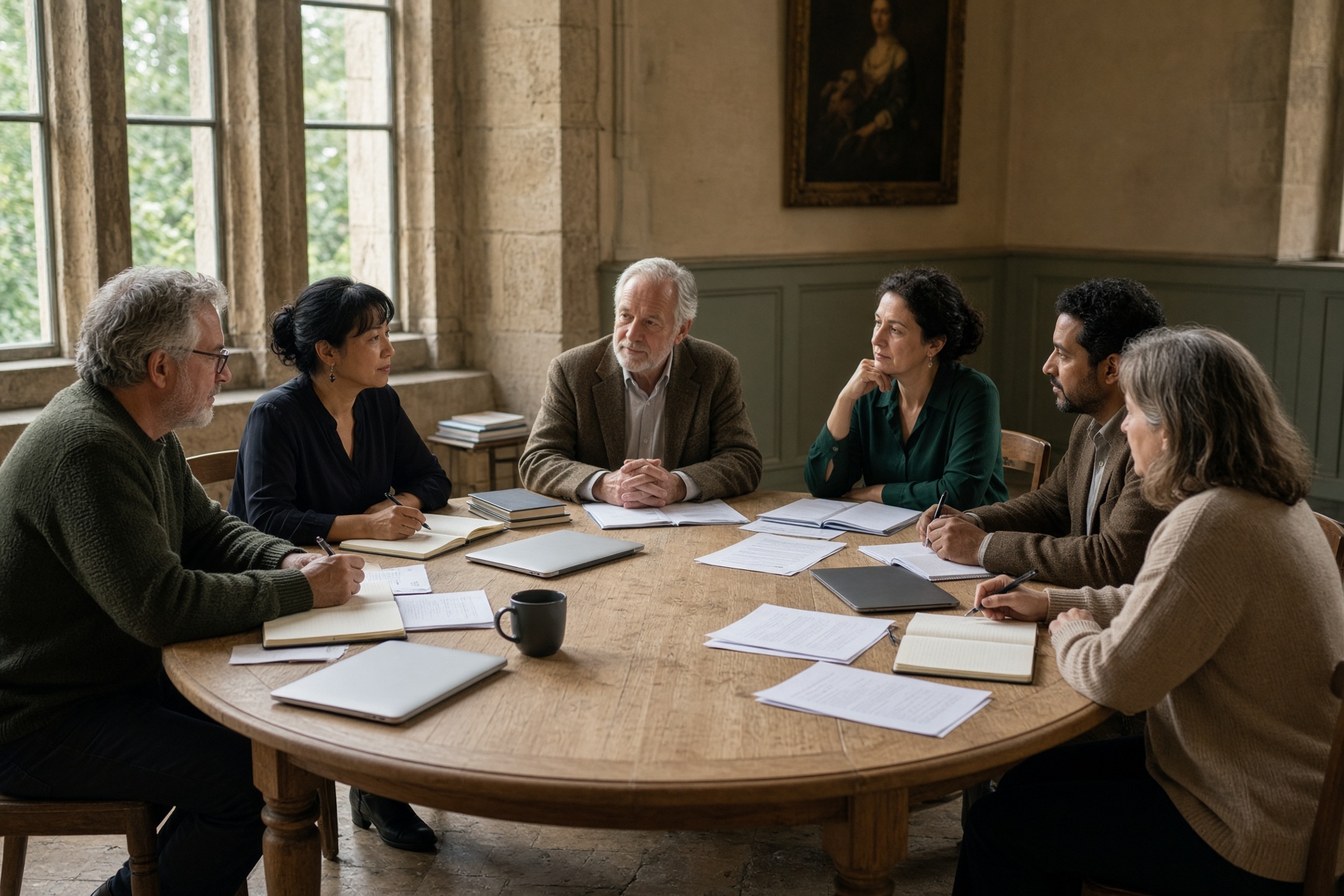 Scholars in discussion around a round oak table