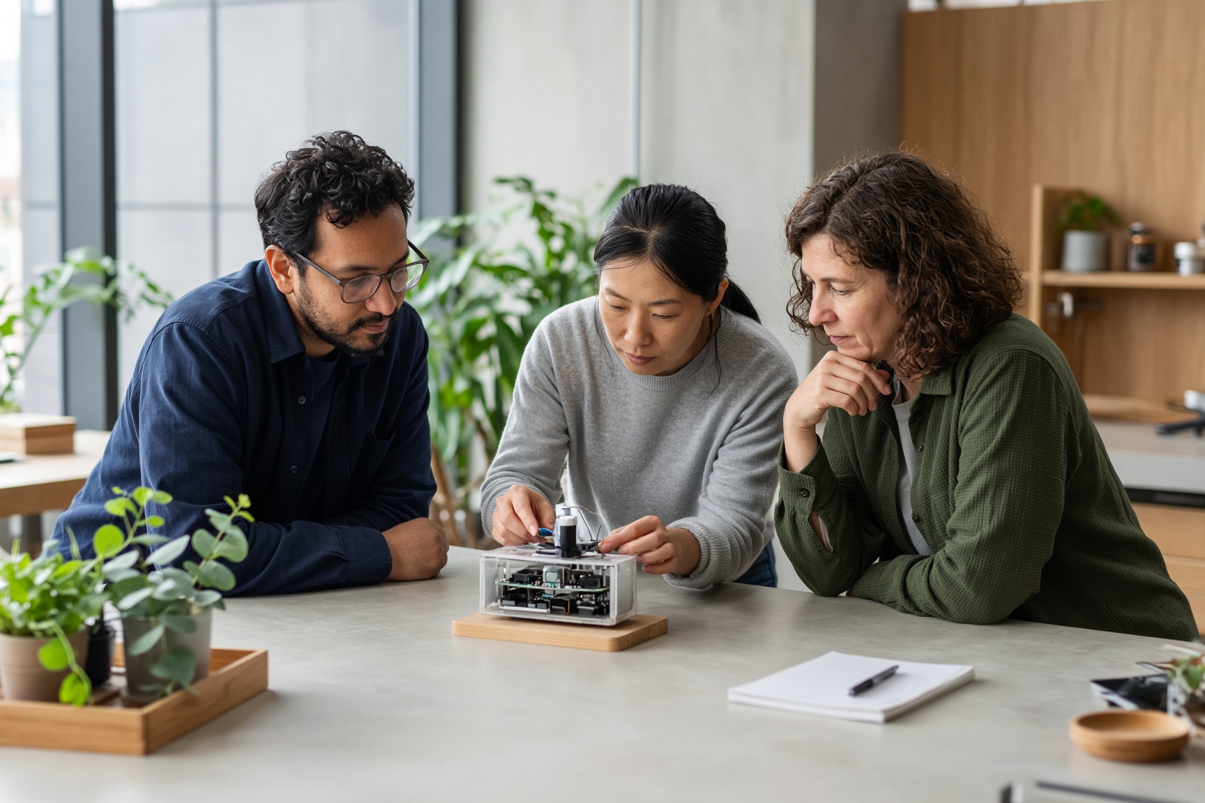 An education studio bench with a learning prototype under review