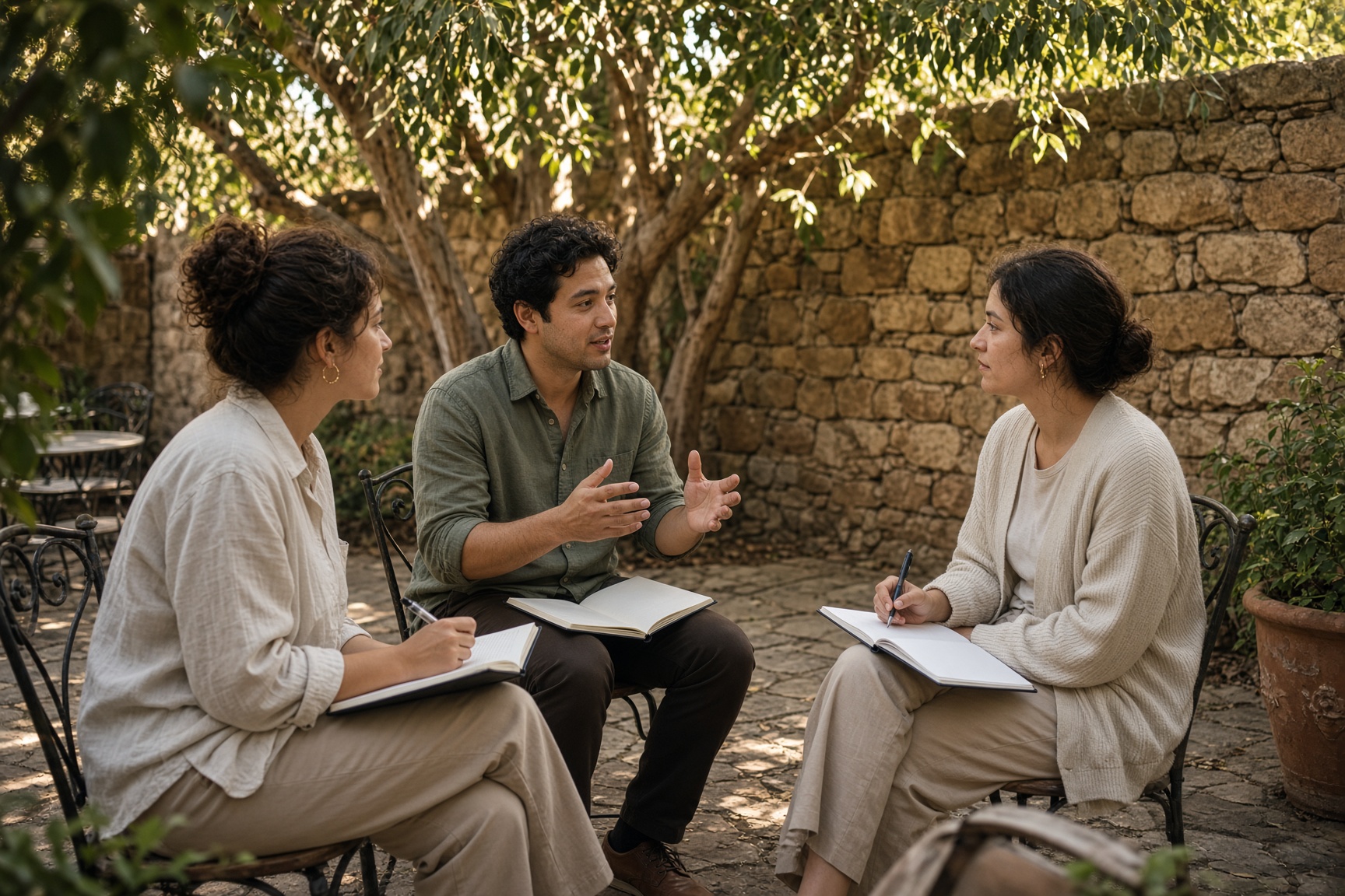 Early-career educators talking on a shaded campus terrace